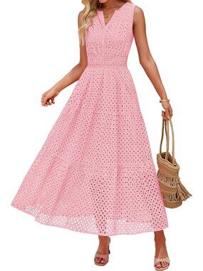 🆕 Women's Pink Sleeveless Eyelet Lace Boho Maxi Tiered V-Neck Casual Dress